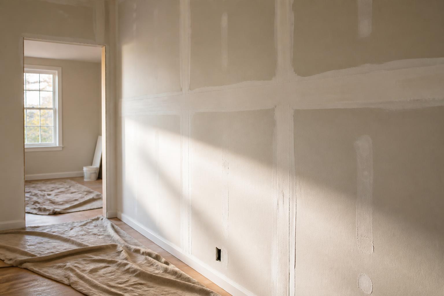 Taped and mudded drywall seams feathered smooth in a bedroom, knife and mud pan resting on a step stool