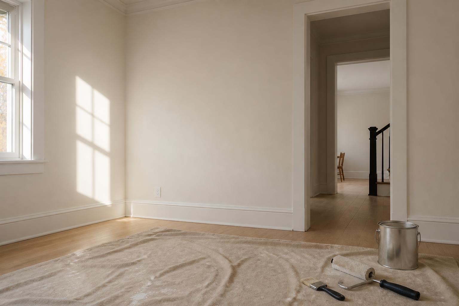 Brush cutting in white trim paint above a baseboard, roller and tray on a drop cloth