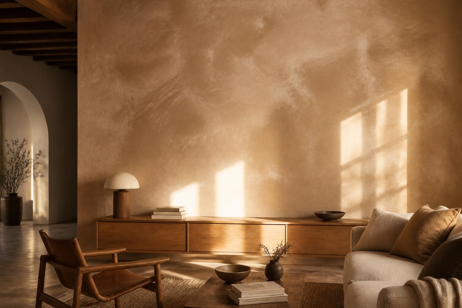 Living room with a polished Venetian plaster feature wall catching late afternoon light
