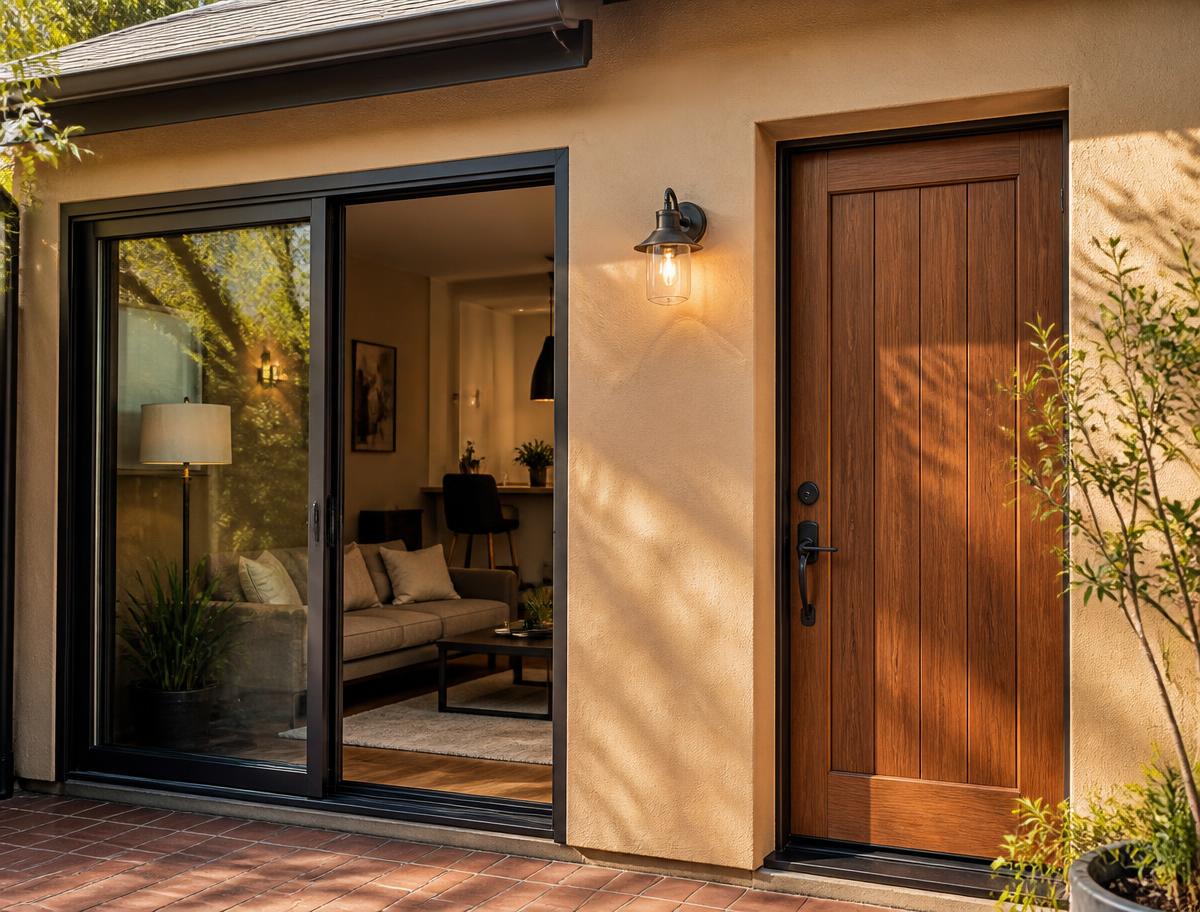 Wood entry door and a sliding patio door set into a warm sand stucco wall