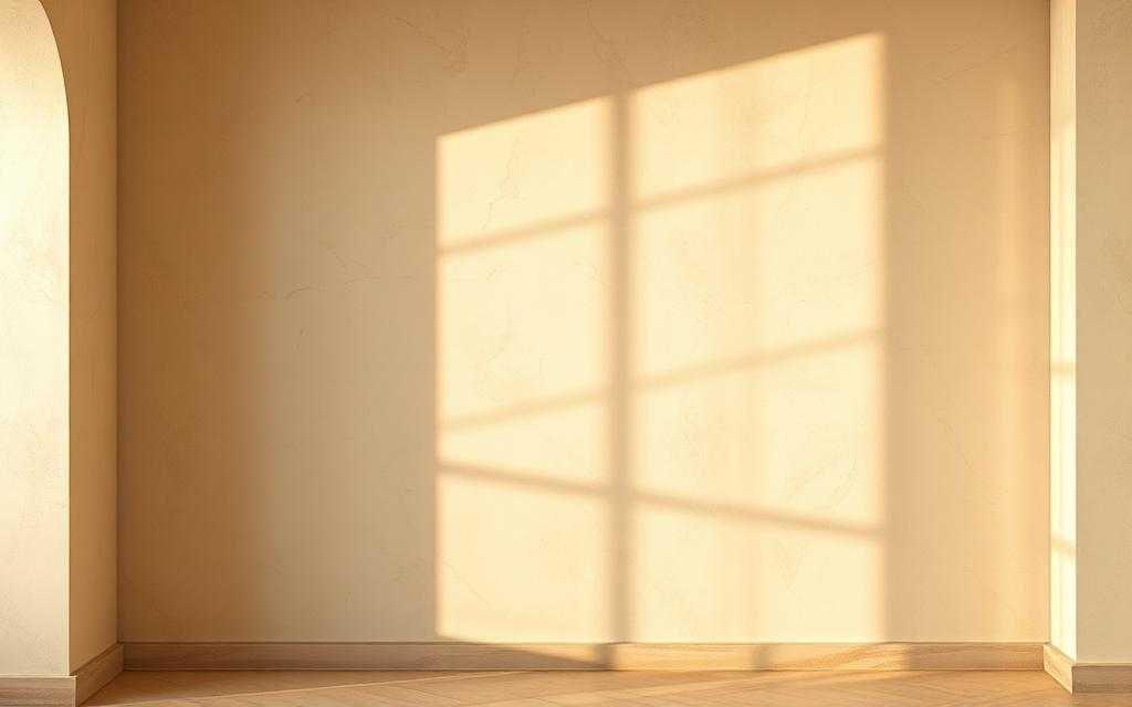 Interior plaster wall with warm raking light across the finished surface