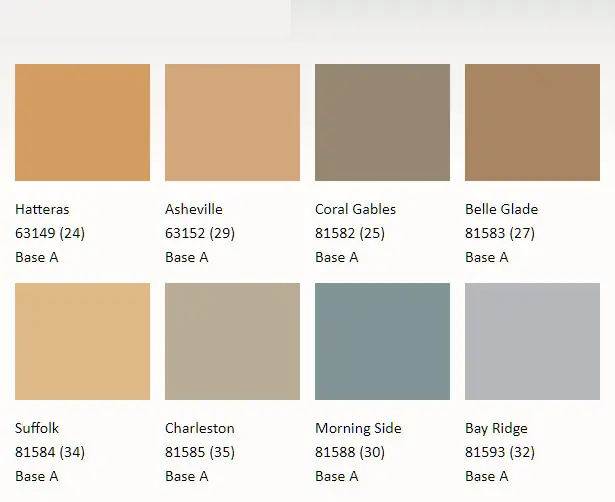 Merlex stucco color chart showing eight swatches from Hatteras gold and Asheville tan to Morning Side blue-gray and Bay Ridge gray
