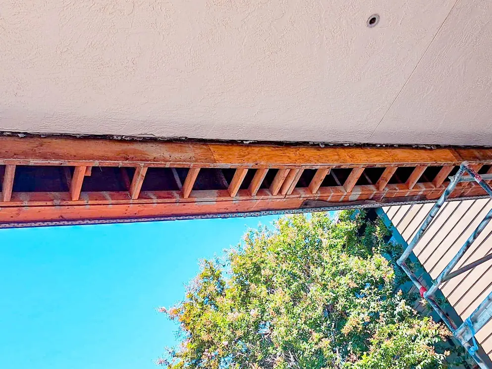 Exposed wood framing on the underside of a commercial entry canopy