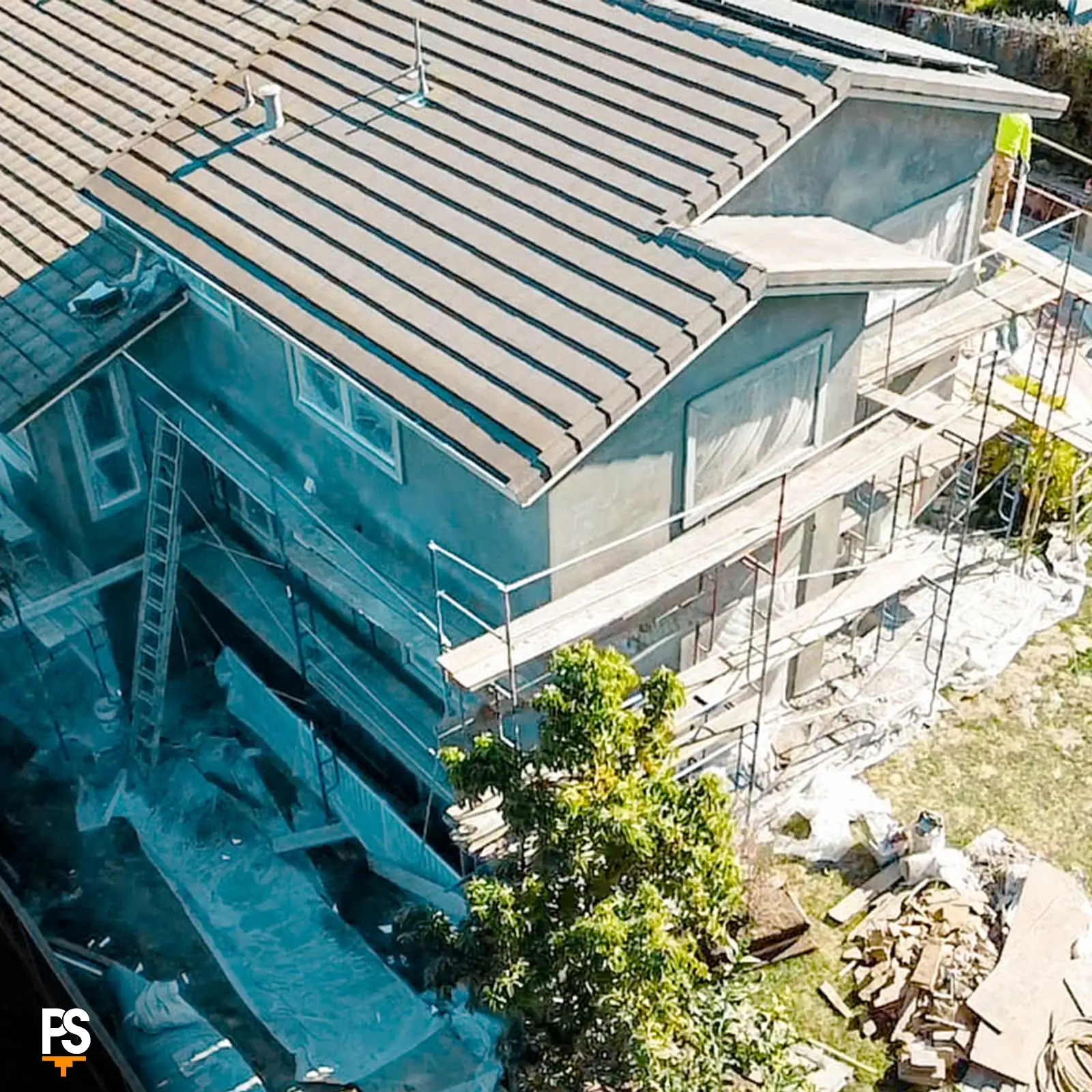 Scaffolded apartment building during an exterior renovation